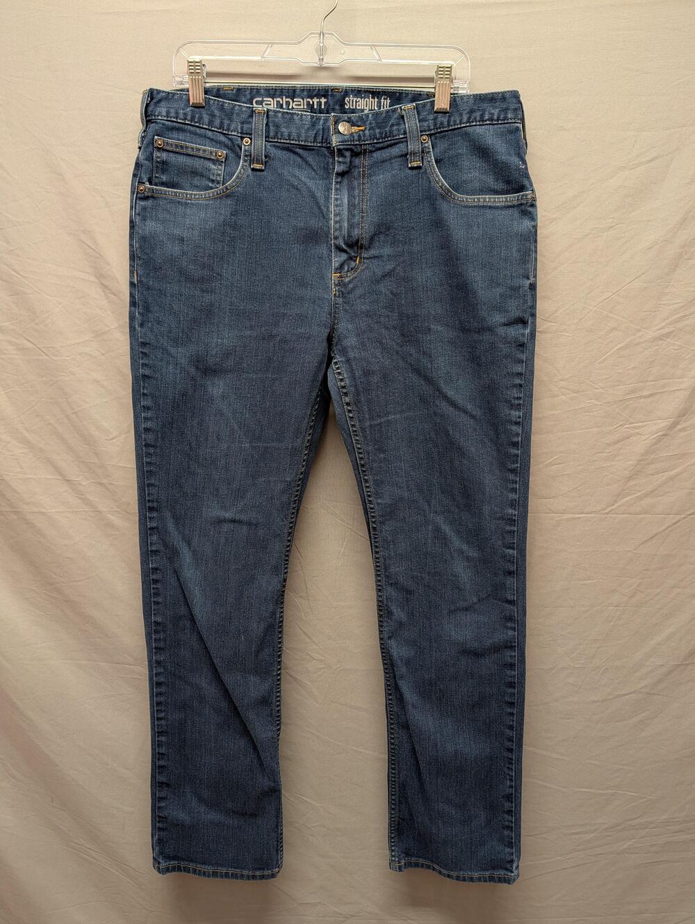 Carhartt Jeans Mens 36x32 Blue Straight Fit Workwear Five Pocket Logo Patch